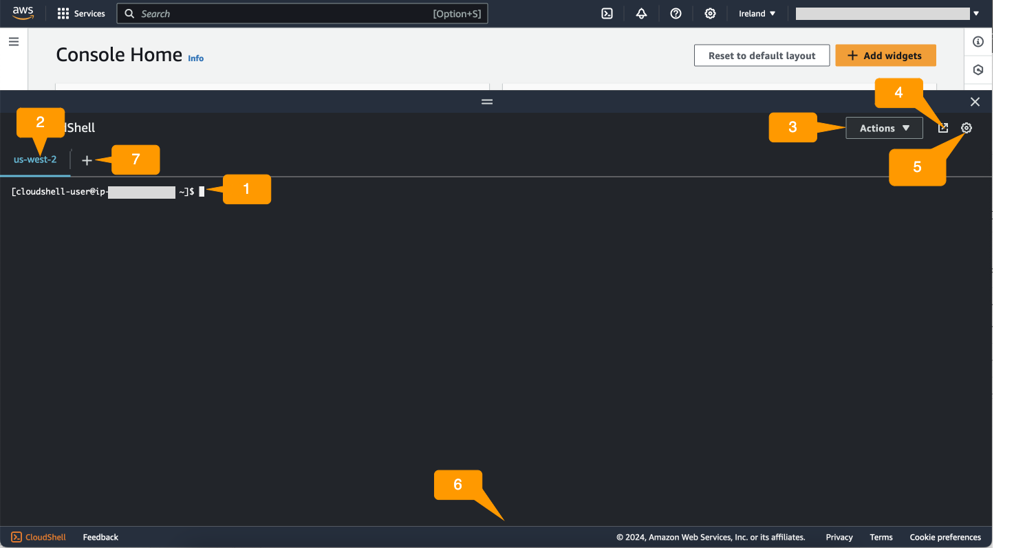 Características principales de la AWS CloudShell interfaz.